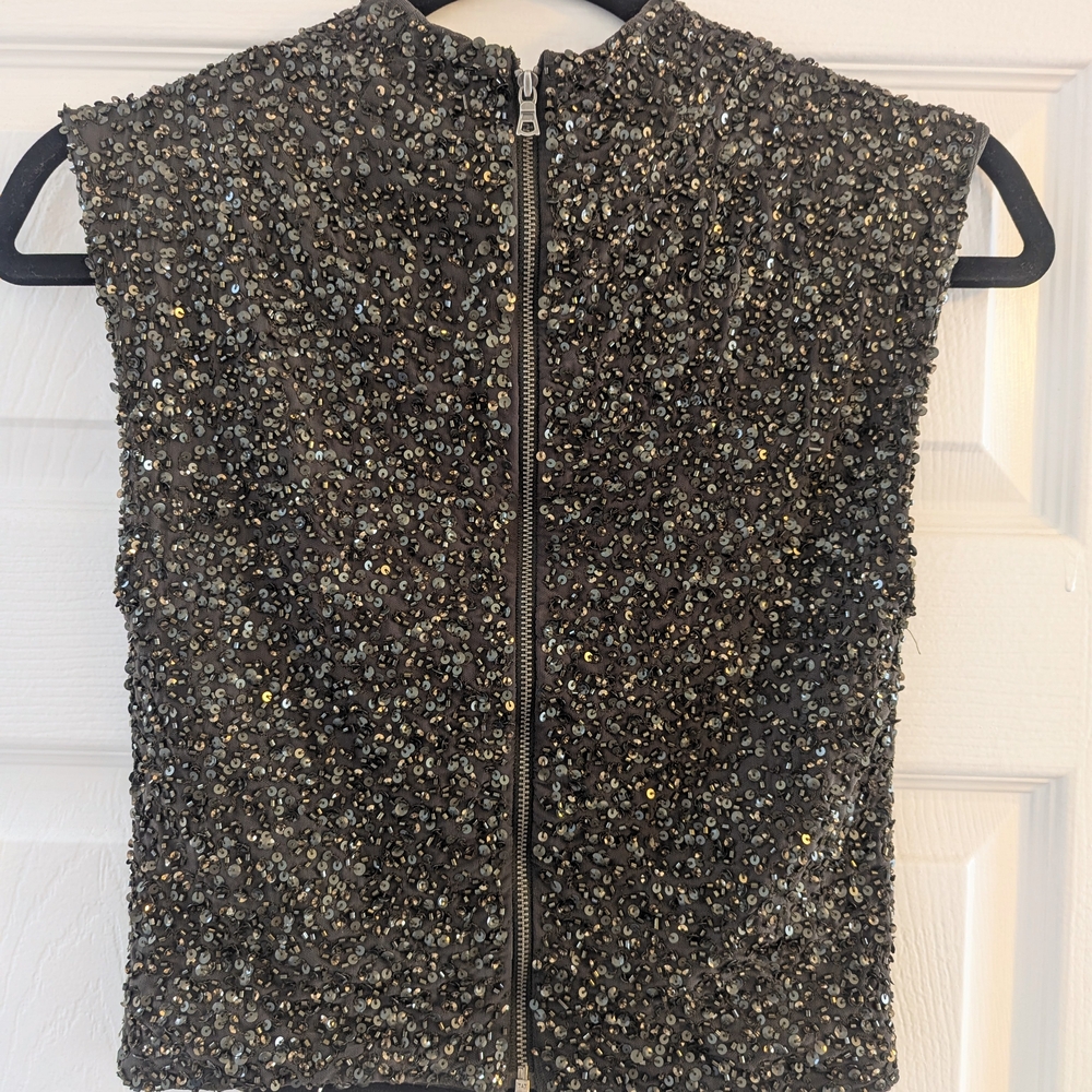Sequin Embellished Army Green Sleeveless Top